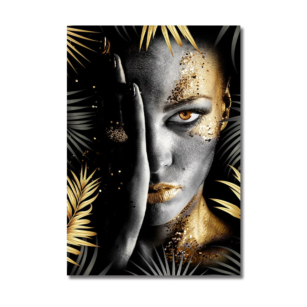 African Makeup Woman Black Gold Leaf Canvas Art