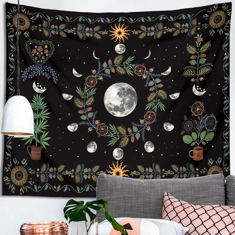 Moon Phase Floral Tapestry
