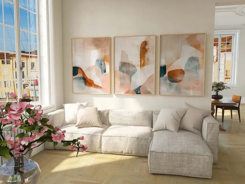 3PCS Abstract Blue Gold Geometric Canvas Set