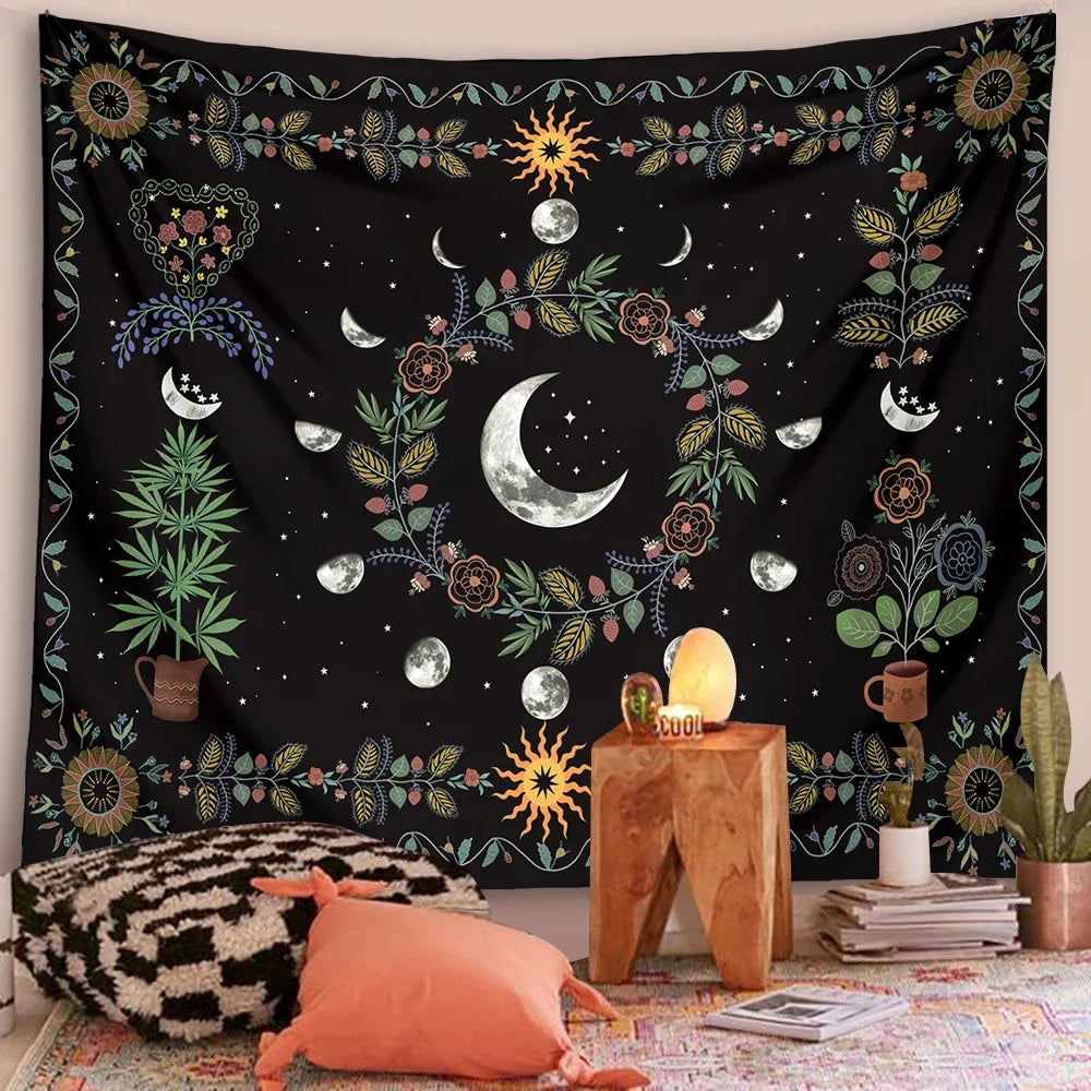 Moon Phase Floral Tapestry