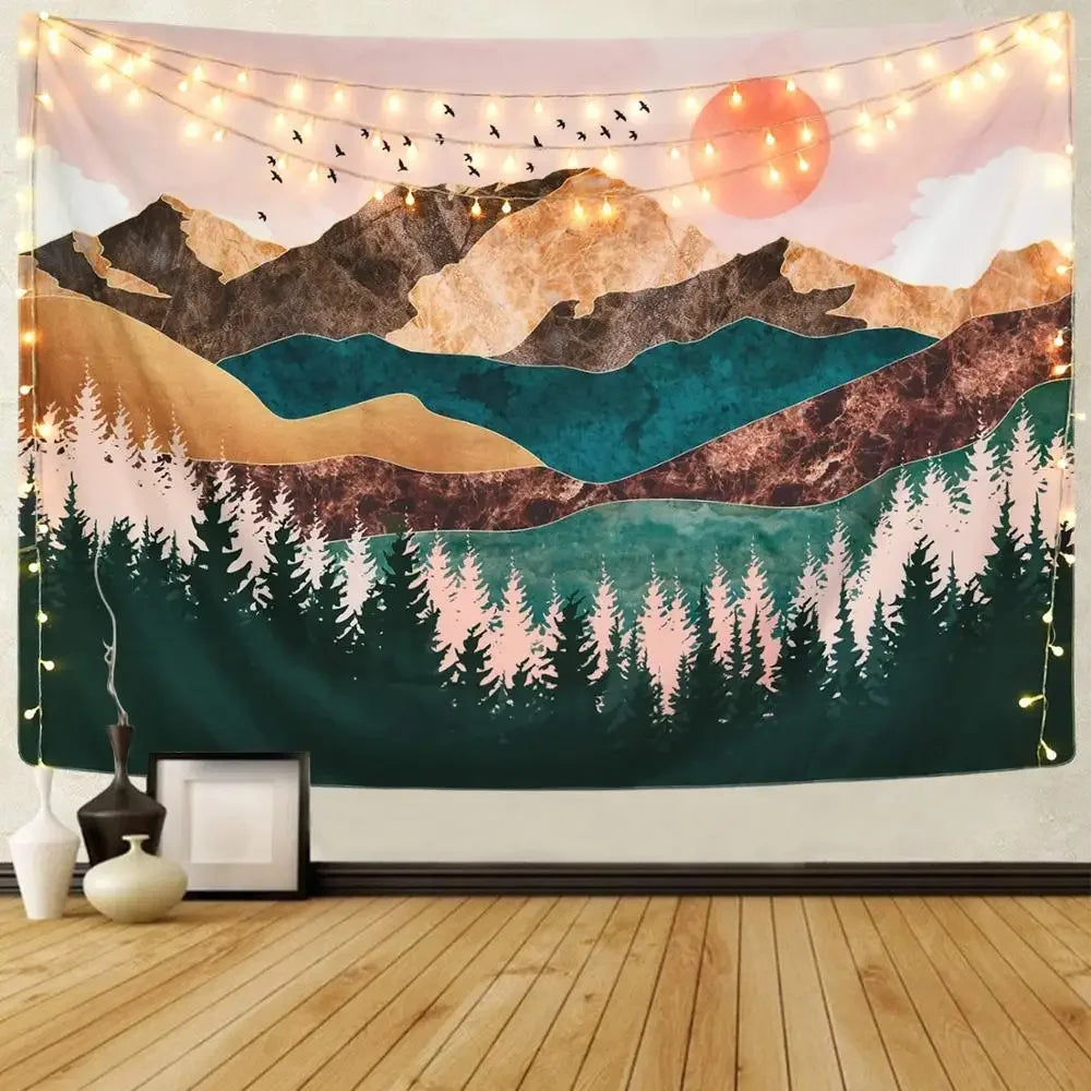 Psychedelic Forest Sun & Mountain Tapestry