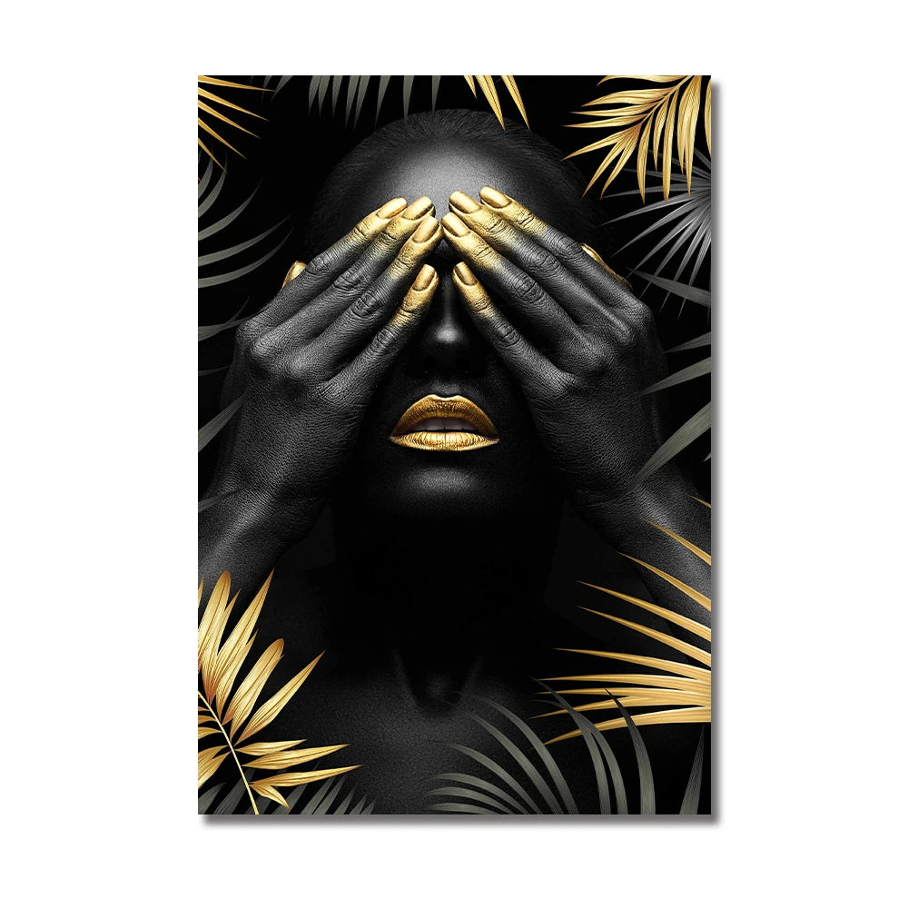 African Makeup Woman Black Gold Leaf Canvas Art