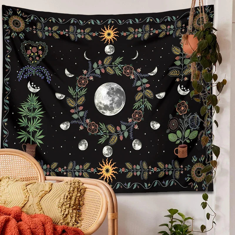 Moon Phase Floral Tapestry