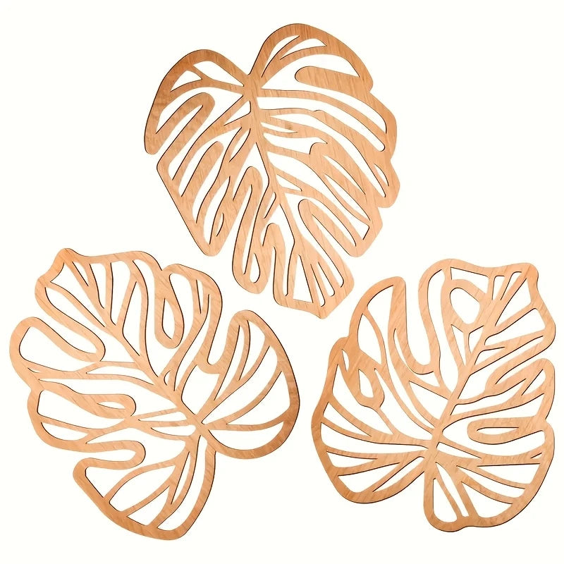 3Pcs 2D Flat Wooden Leaves Wall Art
