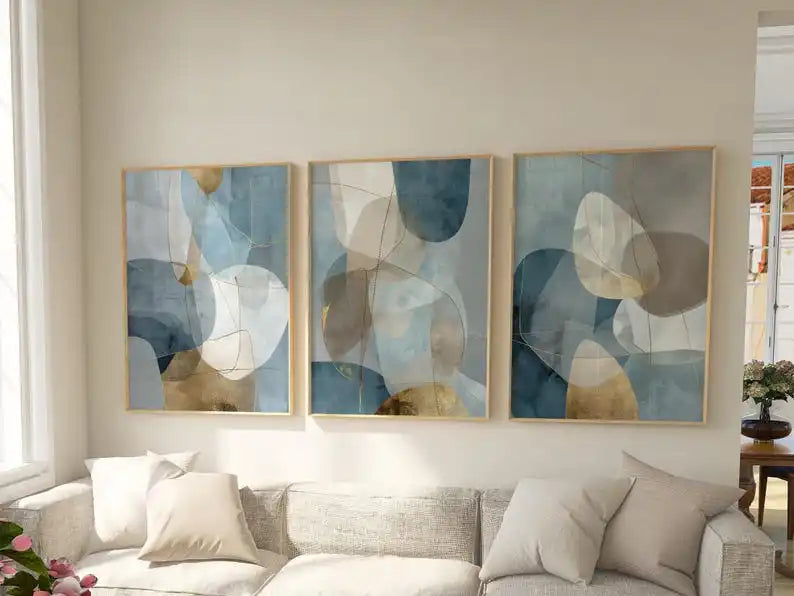 3PCS Abstract Blue Gold Geometric Canvas Set