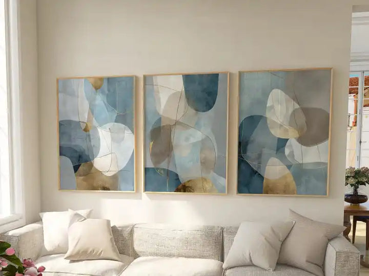 3PCS Abstract Blue Gold Geometric Canvas Set