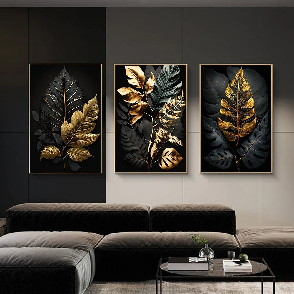 Black & Gold Abstract Leaf Canvas Poster