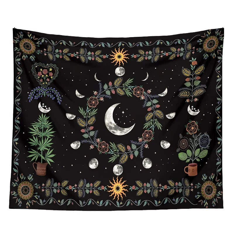 Moon Phase Floral Tapestry