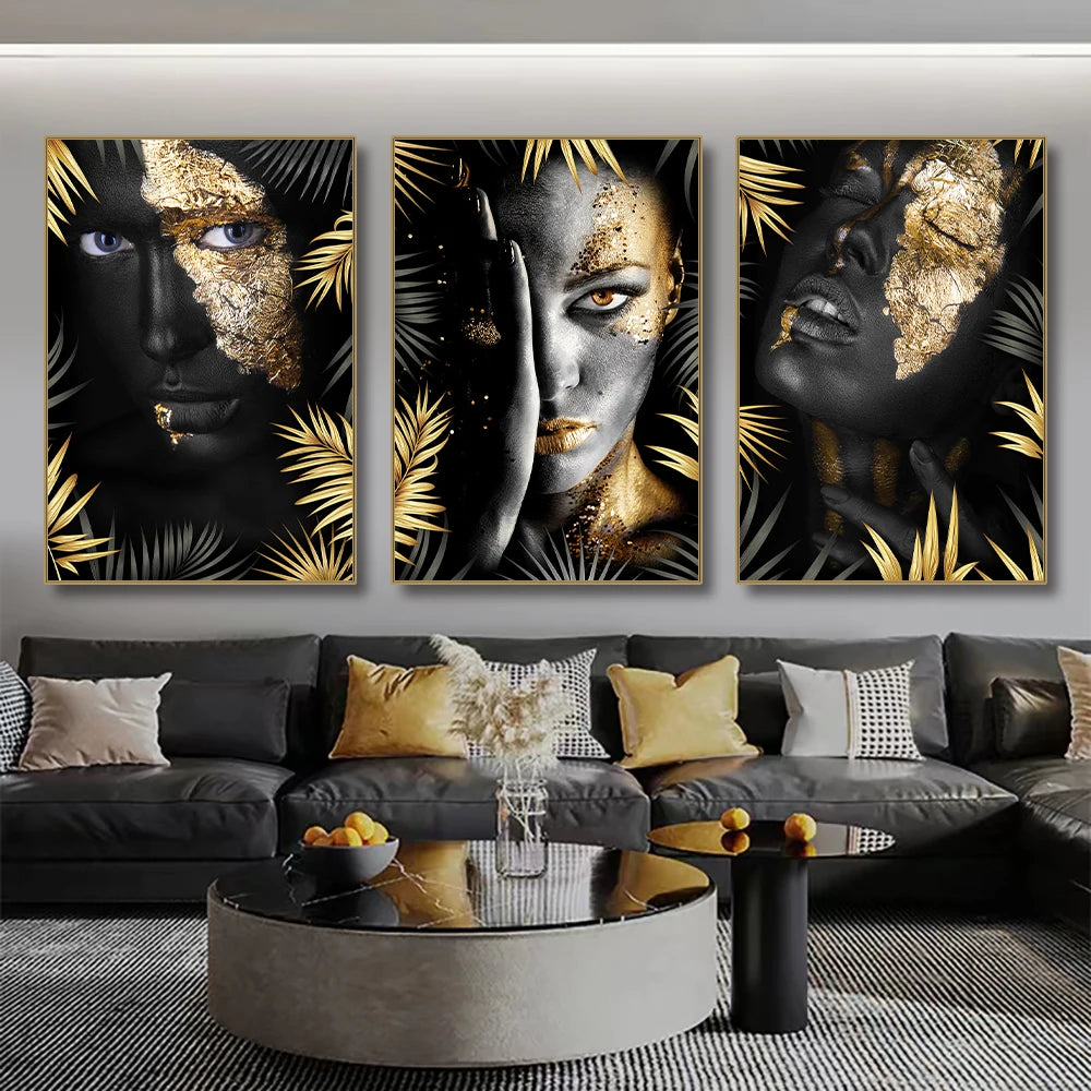African Makeup Woman Black Gold Leaf Canvas Art