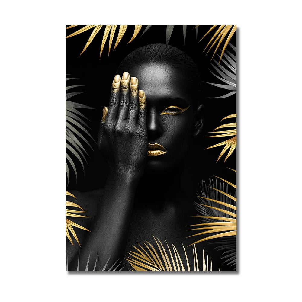 African Makeup Woman Black Gold Leaf Canvas Art