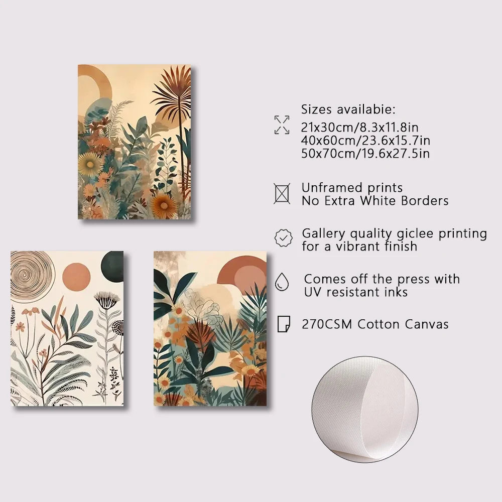 3Pcs Boho Floral Canvas Poster Set