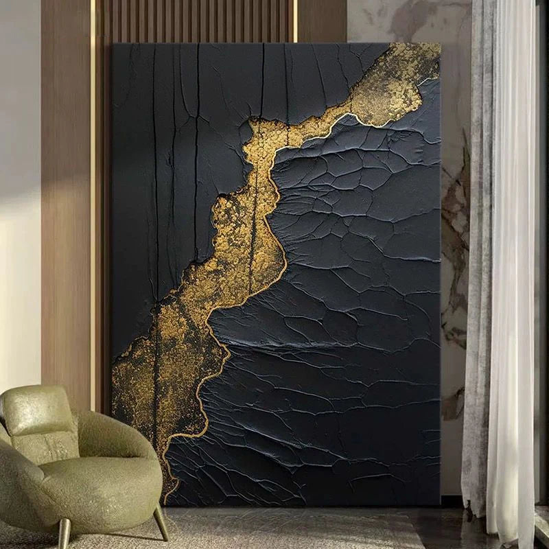 Modern Black Gold River Hand-Painted Oil Canvas
