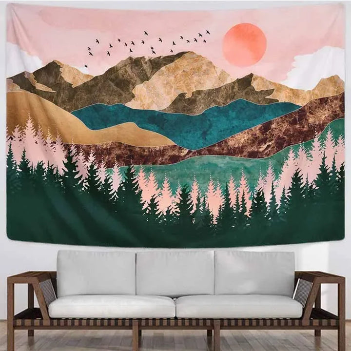 Psychedelic Forest Sun & Mountain Tapestry