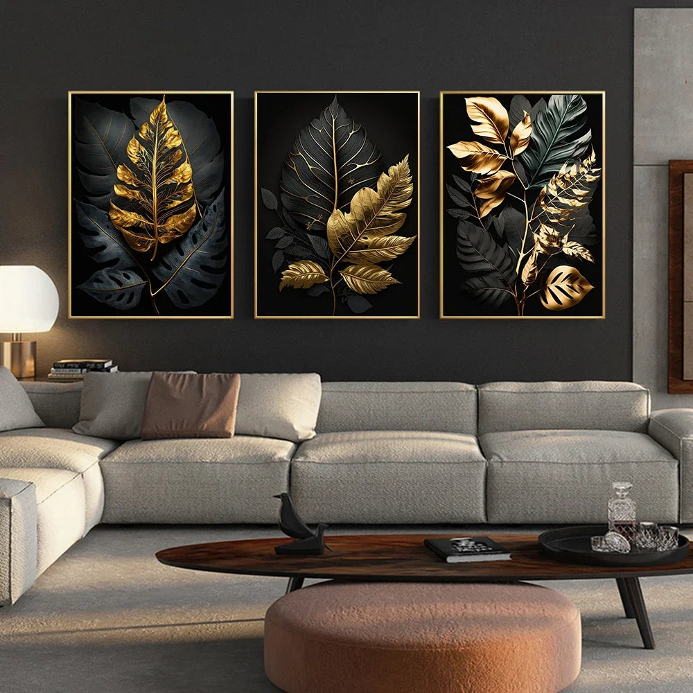 Black & Gold Abstract Leaf Canvas Poster