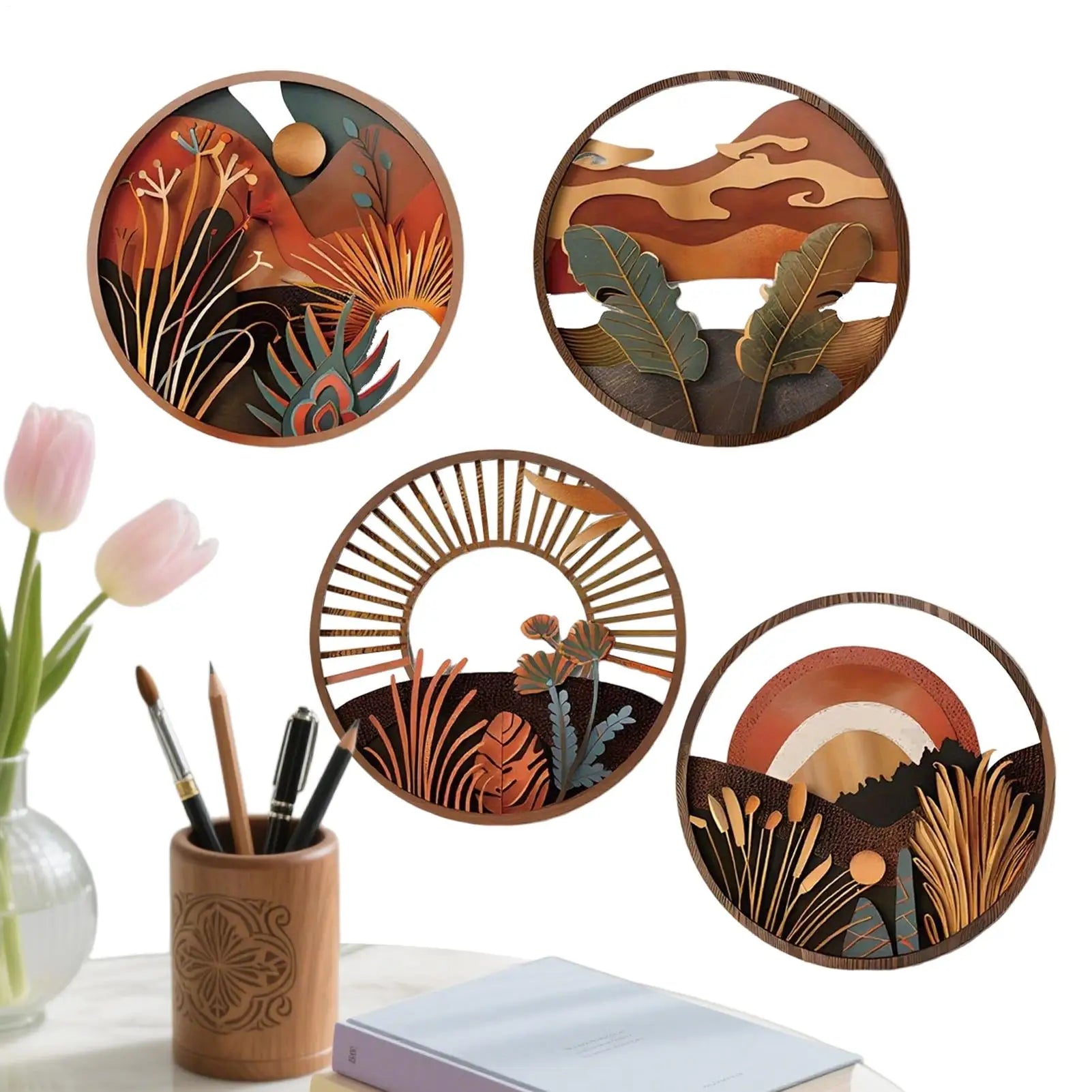 4-Piece Boho Wood Wall Sculpture