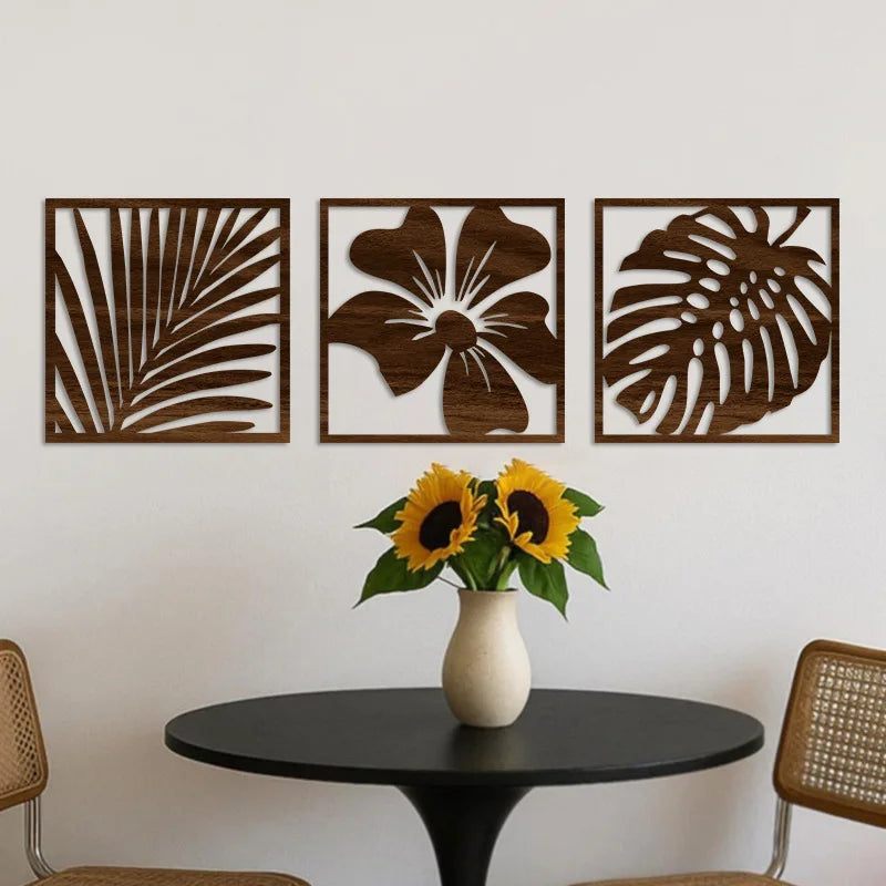 3Pcs 2D Flat Wooden Leaves Wall Art