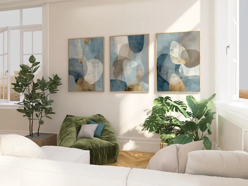 3PCS Abstract Blue Gold Geometric Canvas Set