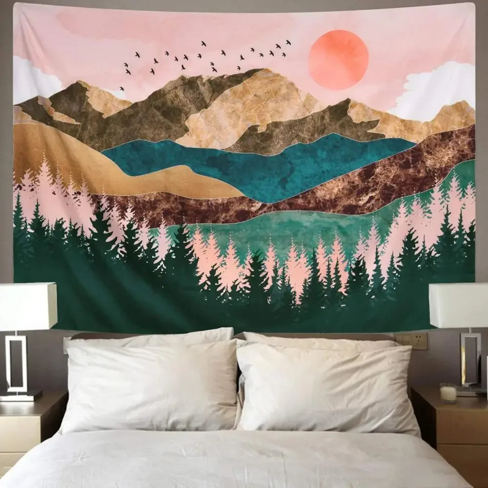Psychedelic Forest Sun & Mountain Tapestry