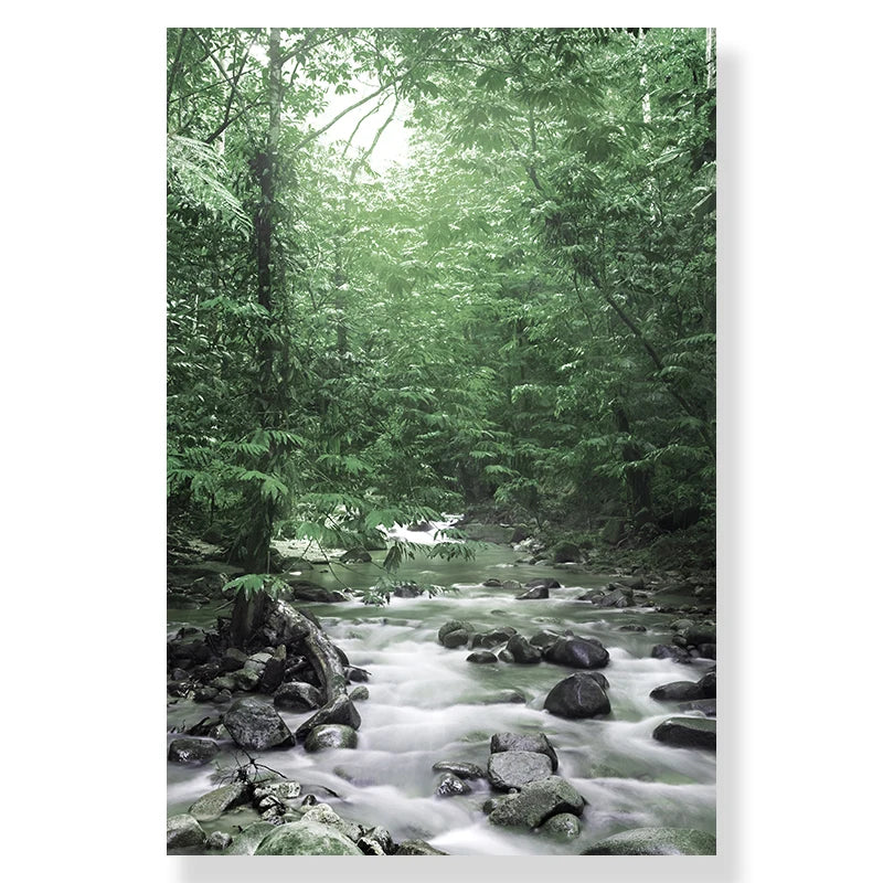 Green Forest Deer Waterfall Canvas Poster