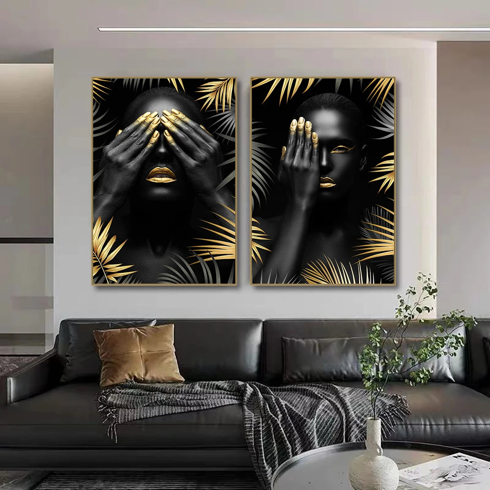 African Makeup Woman Black Gold Leaf Canvas Art
