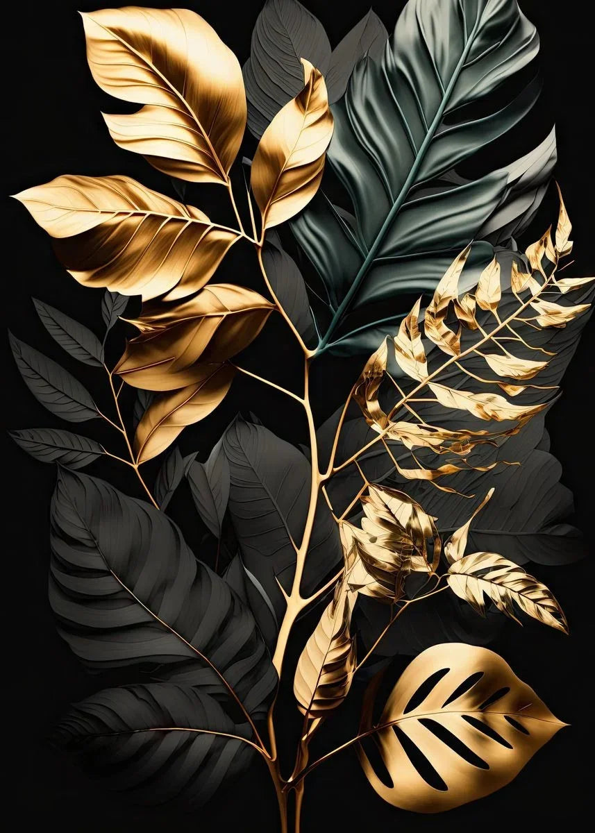 Black & Gold Abstract Leaf Canvas Poster