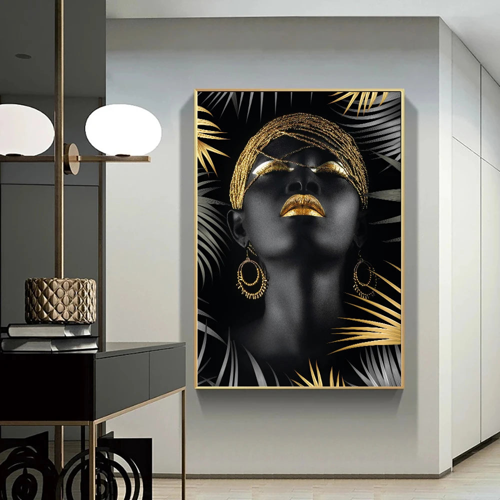African Makeup Woman Black Gold Leaf Canvas Art