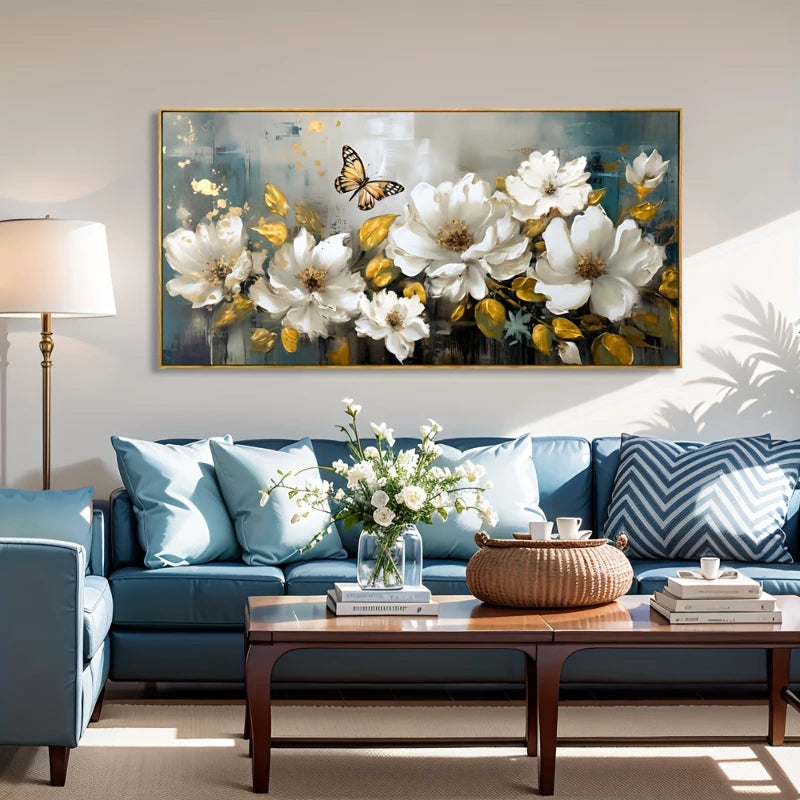 White Flower Golden Leaf Butterfly Canvas Poster