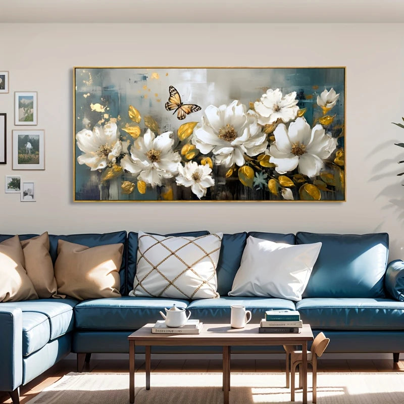 White Flower Golden Leaf Butterfly Canvas Poster