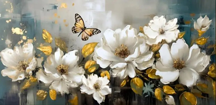 White Flower Golden Leaf Butterfly Canvas Poster