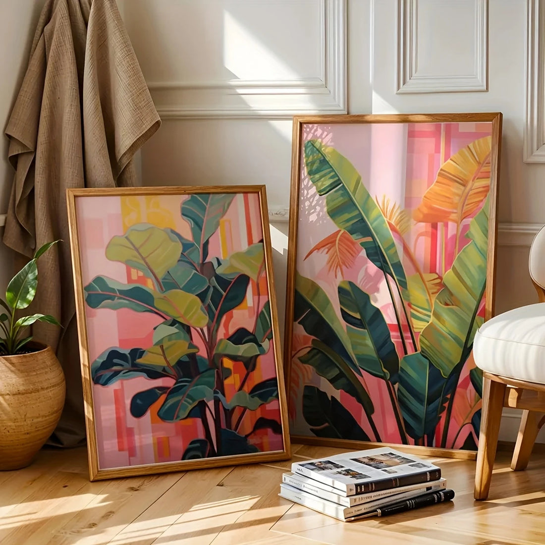 2Pcs Boho Pink Palm Canvas Art Set
