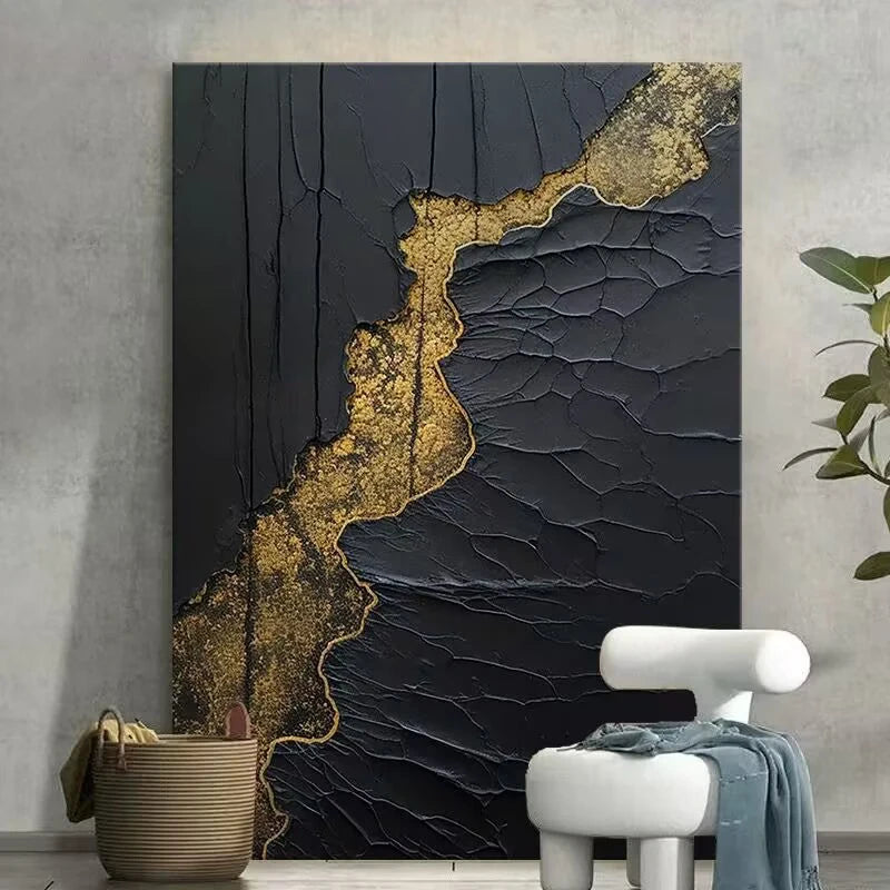 Modern Black Gold River Hand-Painted Oil Canvas