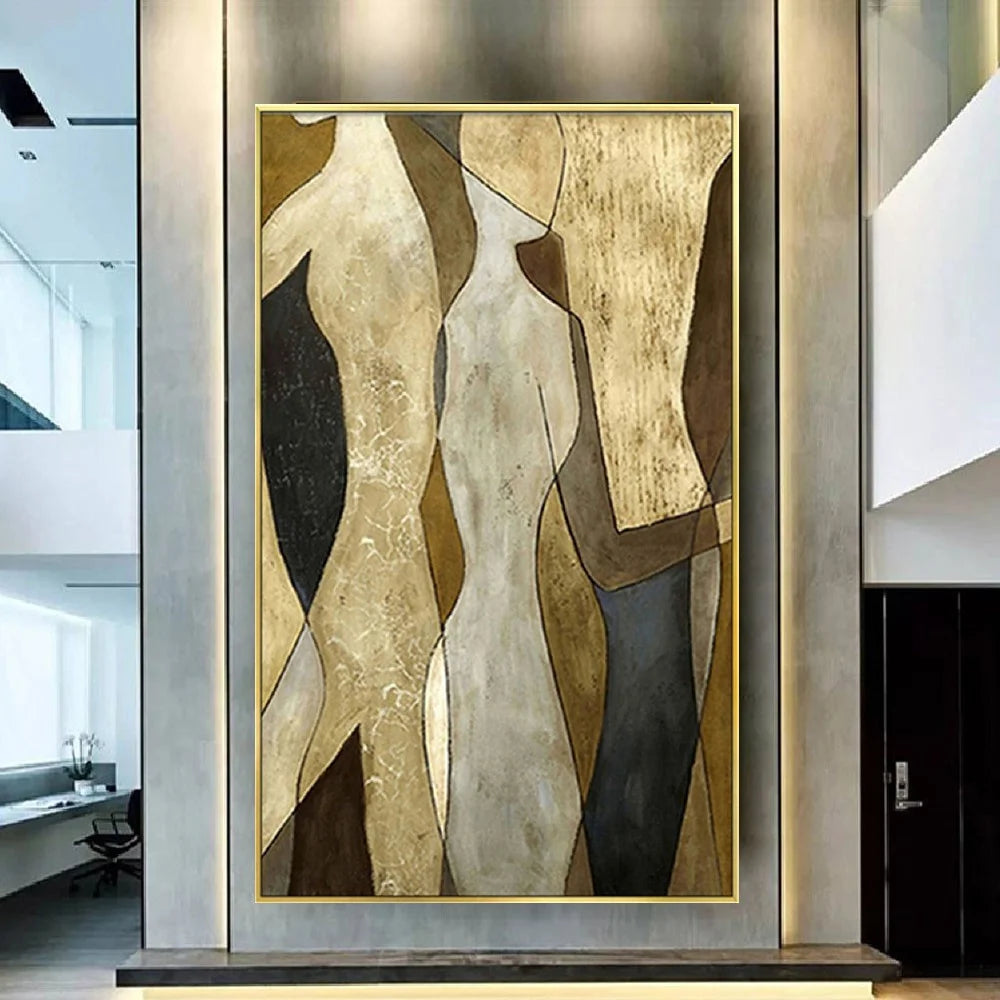 Hand-Painted Golden Line Abstract Oil Painting