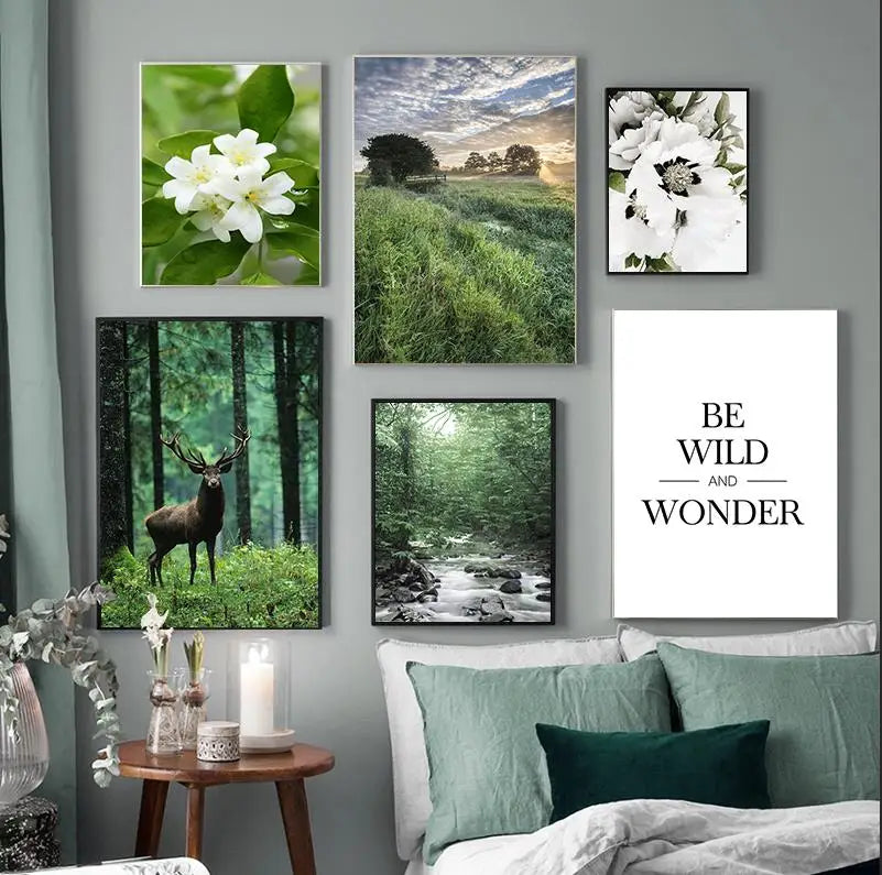 Green Forest Deer Waterfall Canvas Poster