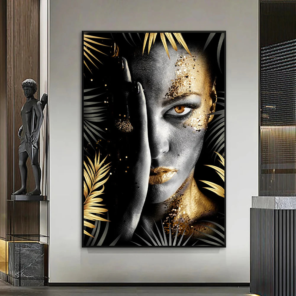 African Makeup Woman Black Gold Leaf Canvas Art