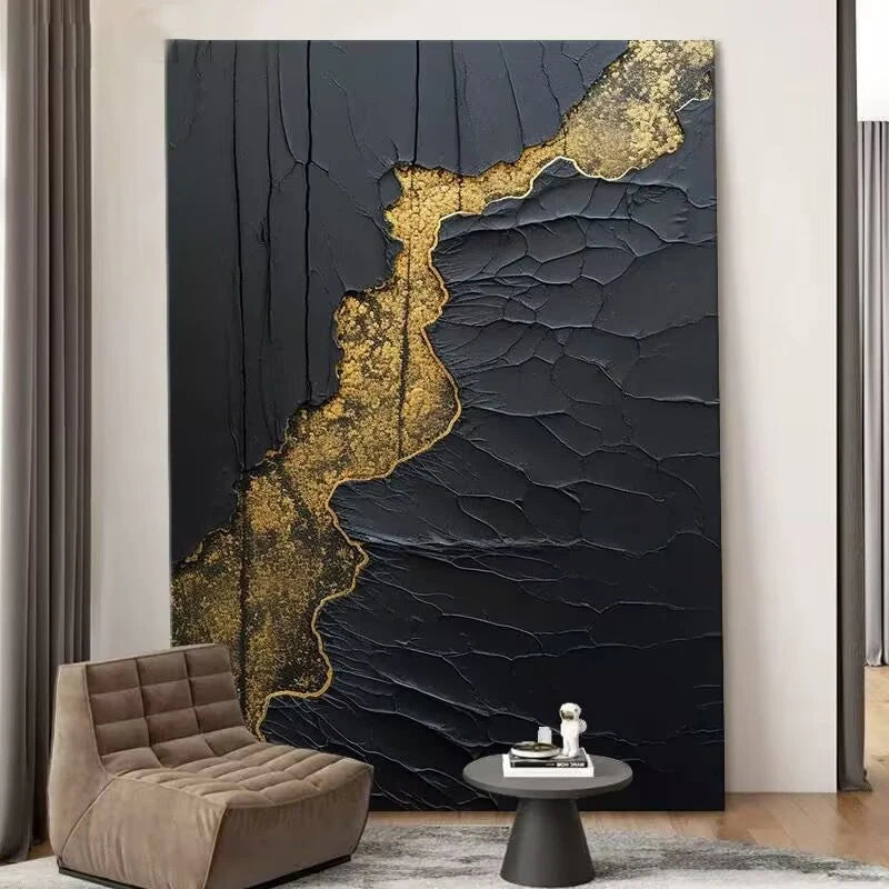 Modern Black Gold River Hand-Painted Oil Canvas