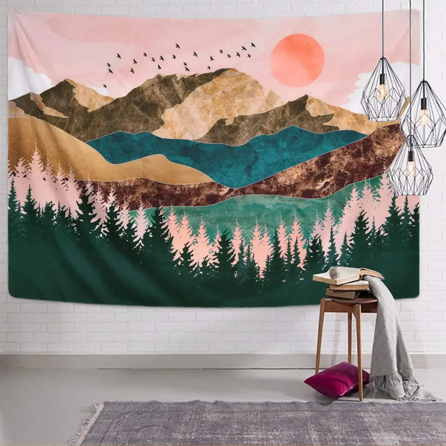 Psychedelic Forest Sun & Mountain Tapestry