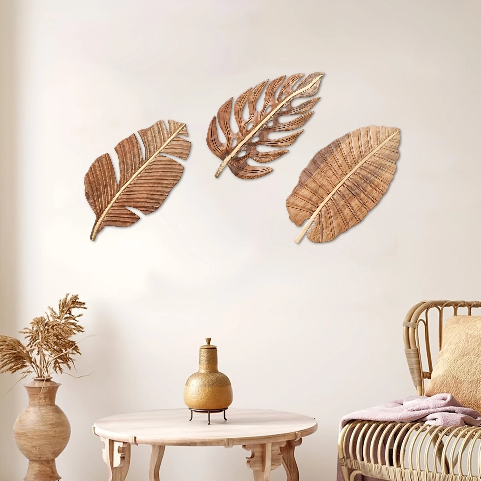 3Pcs 2D Flat Wooden Leaves Wall Art