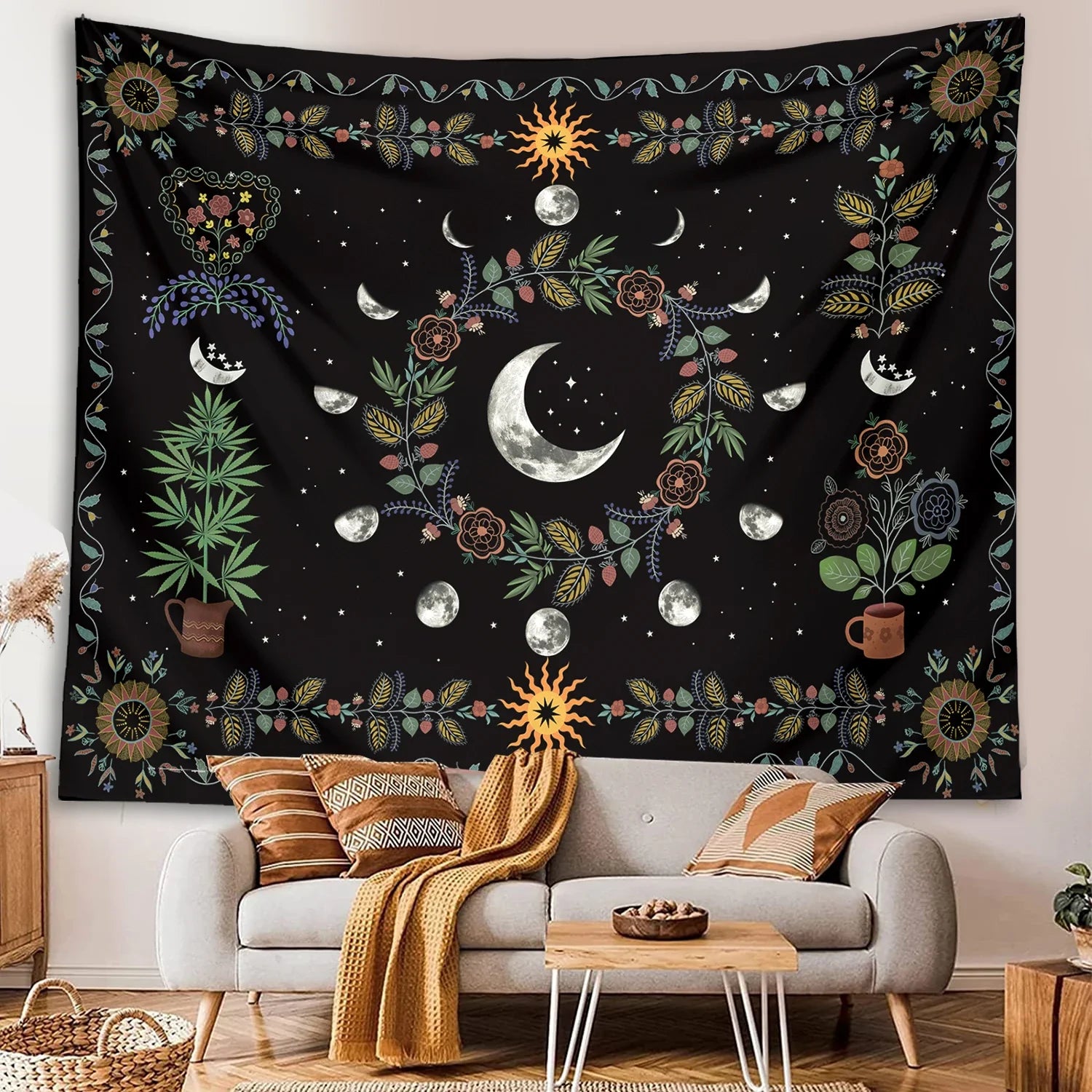 Moon Phase Floral Tapestry
