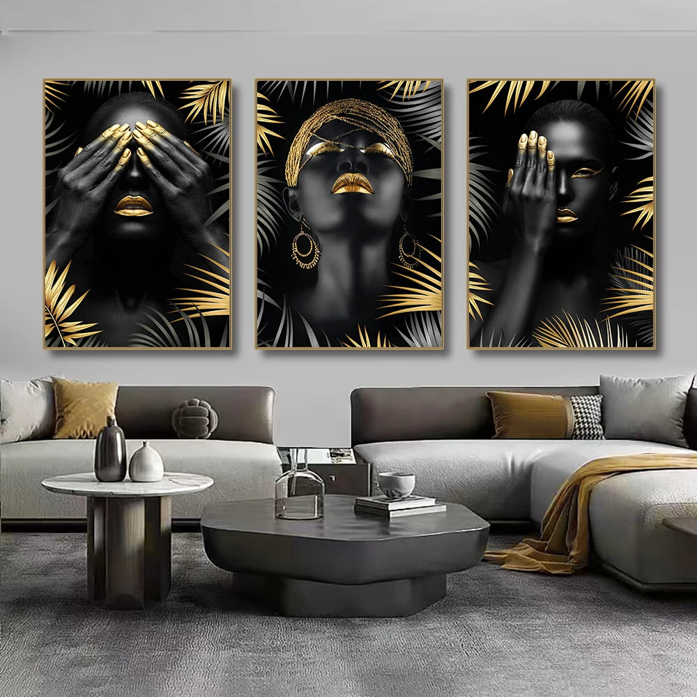 African Makeup Woman Black Gold Leaf Canvas Art