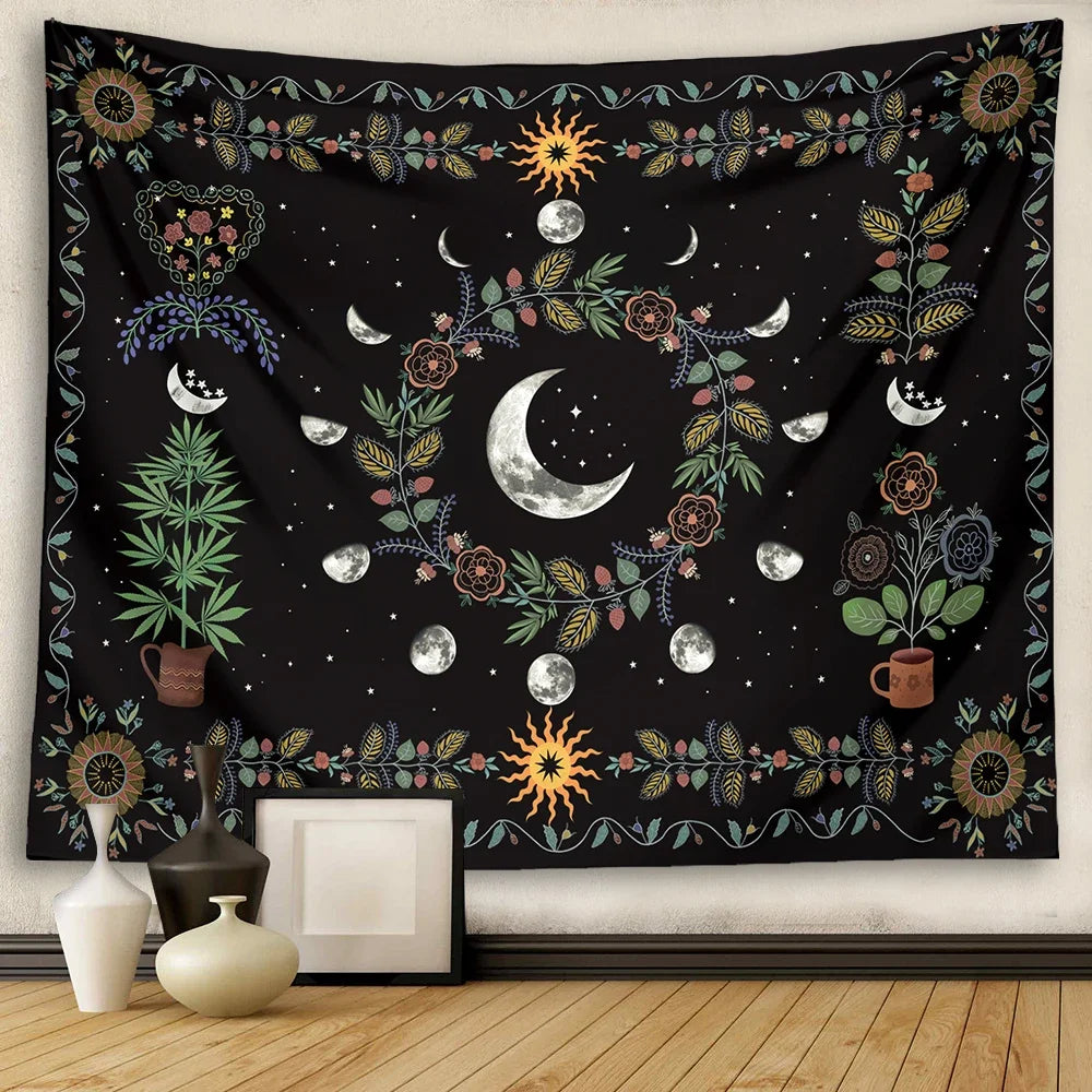 Moon Phase Floral Tapestry