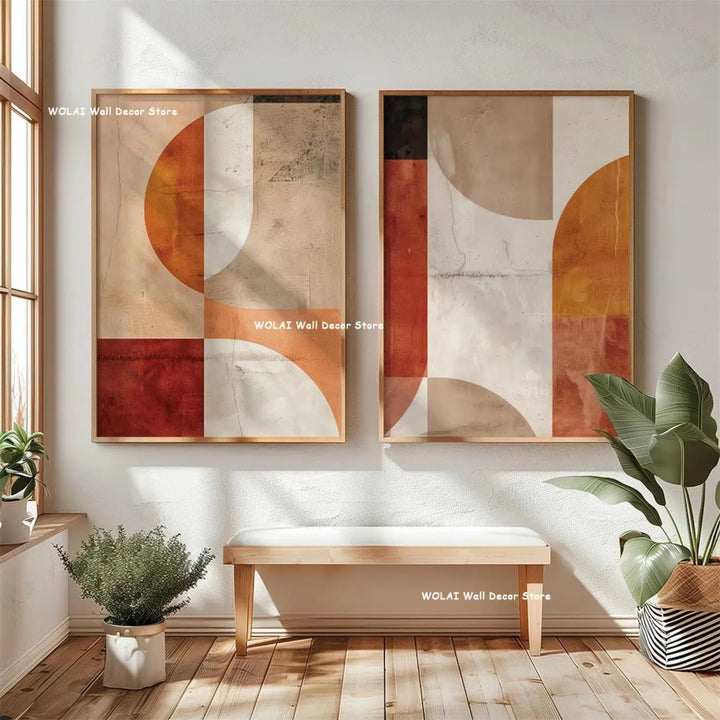 Beige Geometric Canvas Art Set (2Pcs)