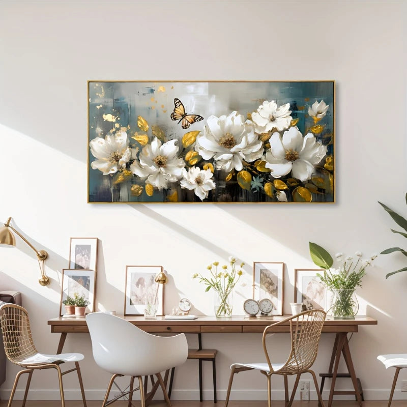 White Flower Golden Leaf Butterfly Canvas Poster