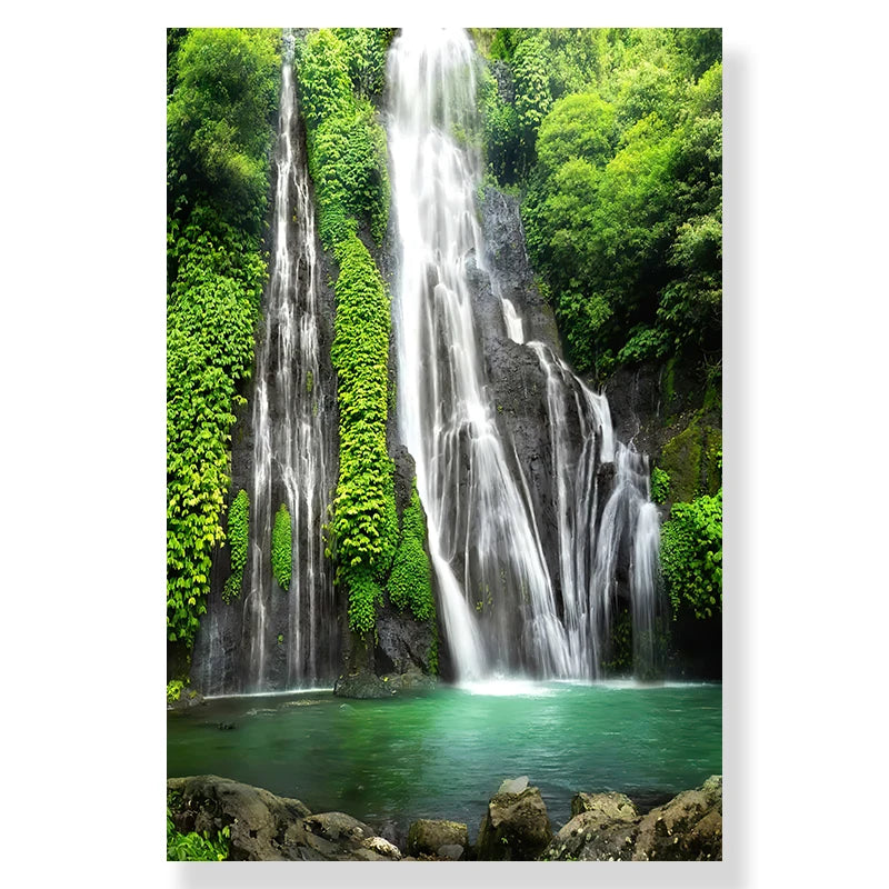 Green Forest Deer Waterfall Canvas Poster