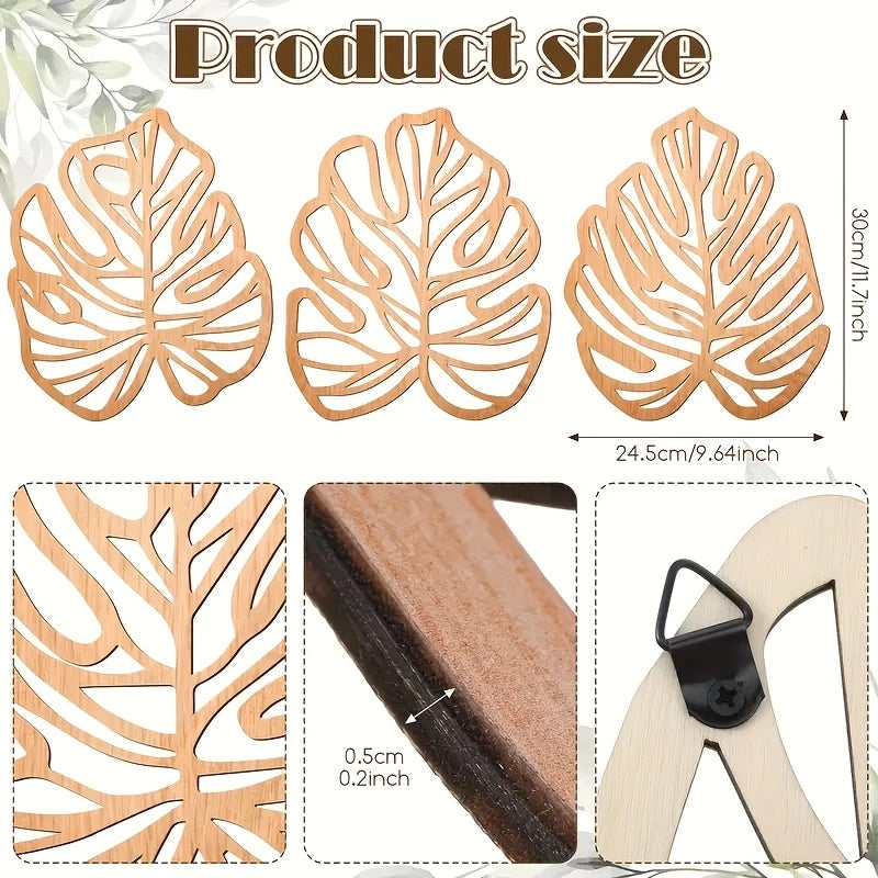3Pcs 2D Flat Wooden Leaves Wall Art