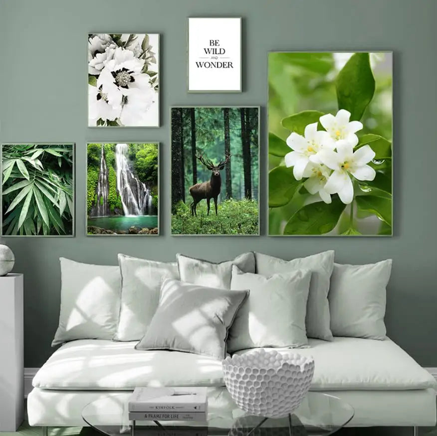 Green Forest Deer Waterfall Canvas Poster