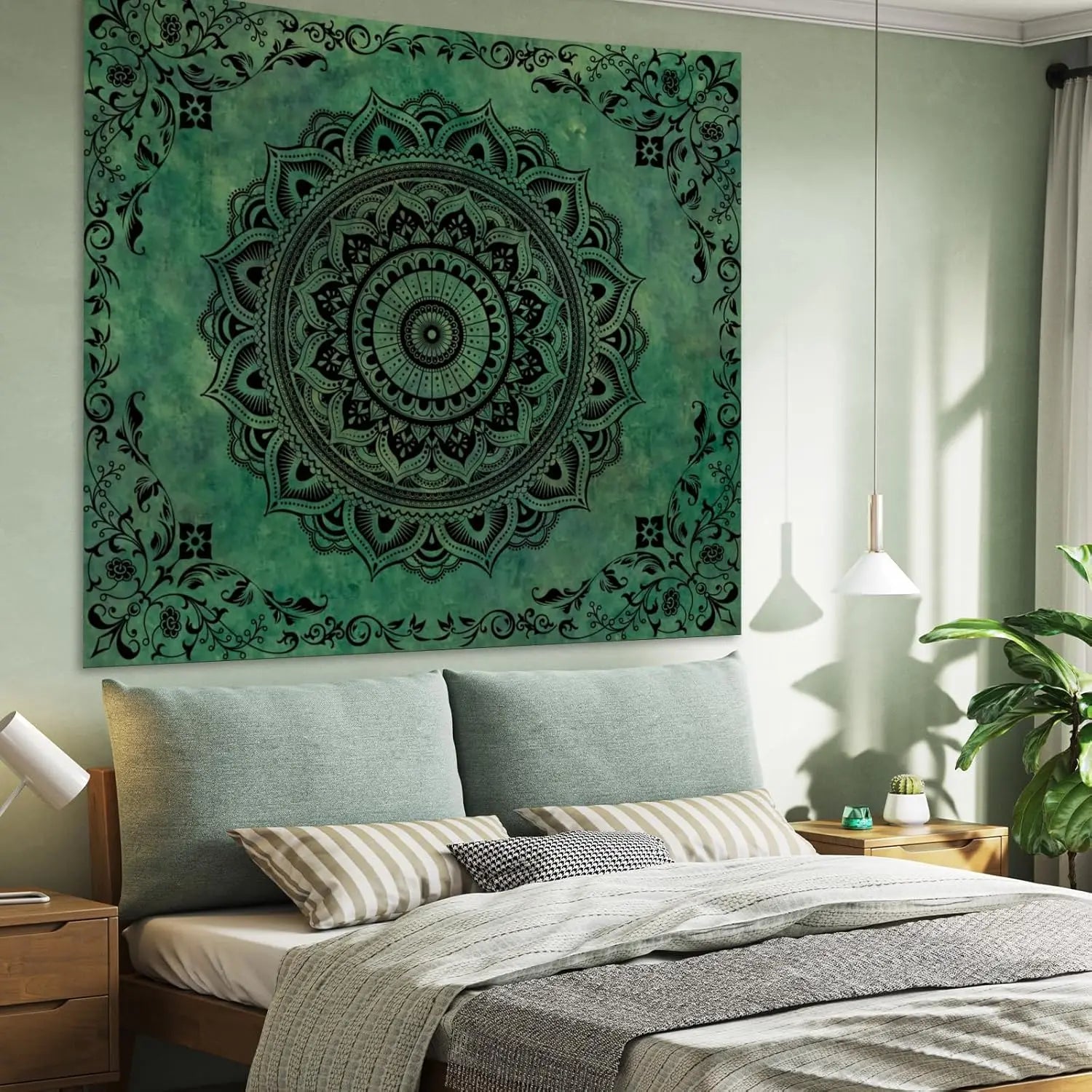 Green Mandala Boho Wall Tapestry