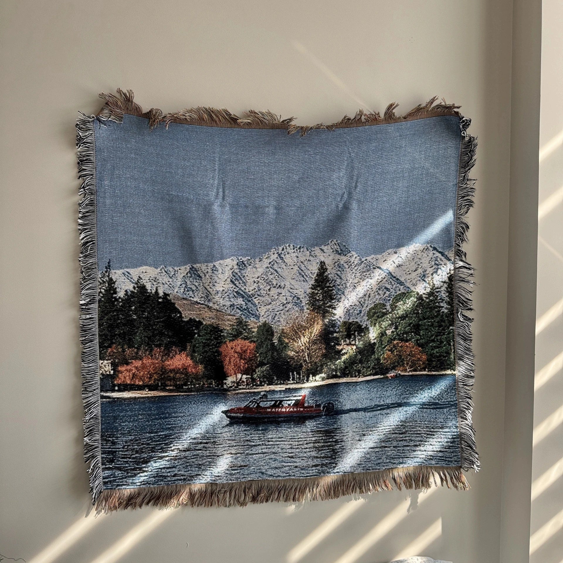 Nordic Mountain & Pool Tapestry – 90×90 cm