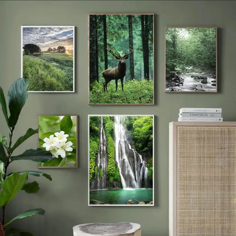 Green Forest Deer Waterfall Canvas Poster