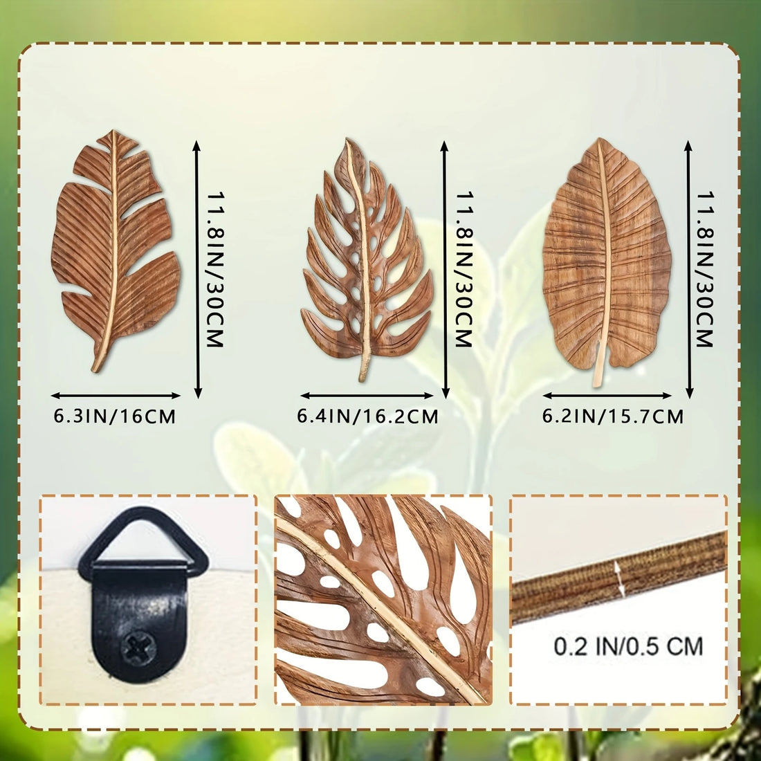 3Pcs 2D Flat Wooden Leaves Wall Art