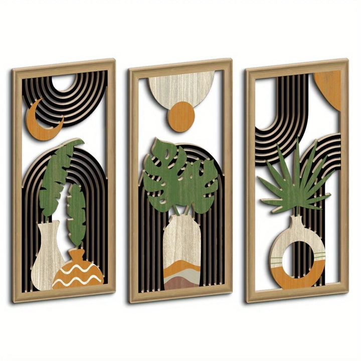 3PCS Boho Hollow Wood Leaf Wall Art